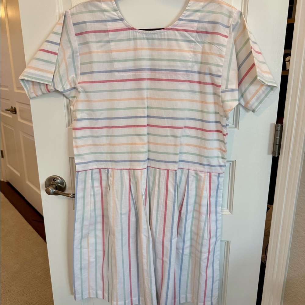 White Stripe Casual Short-Sleeve Cotton Dress with Pastel Multicolor Stripes